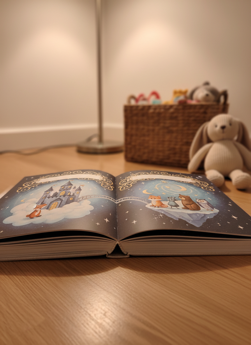 A personalized children’s storybook open to a double-page spread on a light oak floor, its thick matte pages featuring a richly illustrated fantasy scene with castles, stars, and animal characters, while a neat, customizable name banner arches gracefully above the scene without actual text. Next to the book lies a plush neutral-toned toy and a woven storage basket subtly out of focus. Soft, warm overhead lighting and a nearby floor lamp cast a cozy glow, creating gentle shadows and a sense of bedtime calm. Photographic realism, low-angle close-up emphasizing the book’s texture, rounded corners, and stitched spine, conveying wonder, imagination, and high-quality craftsmanship.