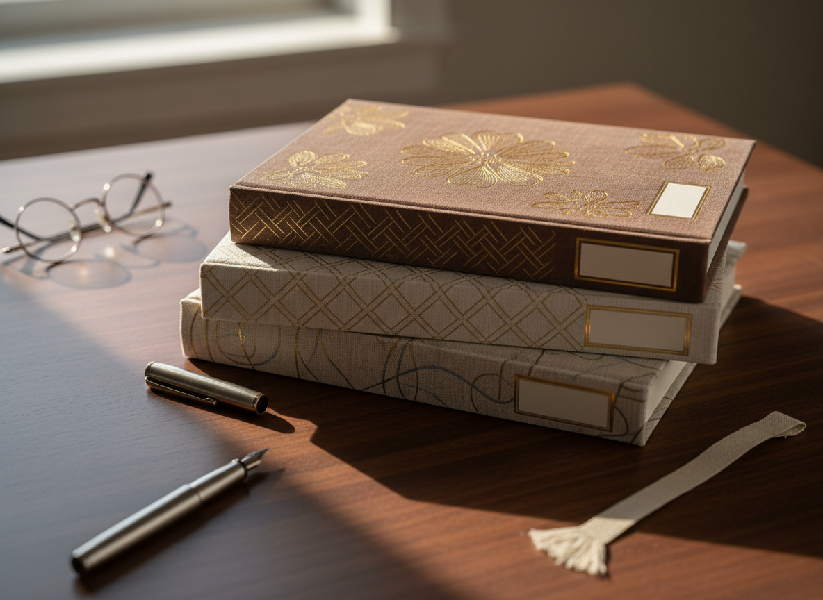 A stack of three premium personalized hardcover books arranged in a gentle fan on a dark walnut desk, each cover featuring different subtle embossed patterns, delicate gold foil accents, and a small customizable nameplate area left tastefully blank. Around them lie a fountain pen, a pair of reading glasses, and a linen bookmark, all softly out of focus. Late afternoon window light washes in from the left, creating a quiet sheen on the cloth covers and casting refined shadows. Photographic realism, eye-level composition with shallow depth of field, sophisticated and calm mood, perfect for a homepage hero image that conveys luxury and timeless craftsmanship without showing any people.