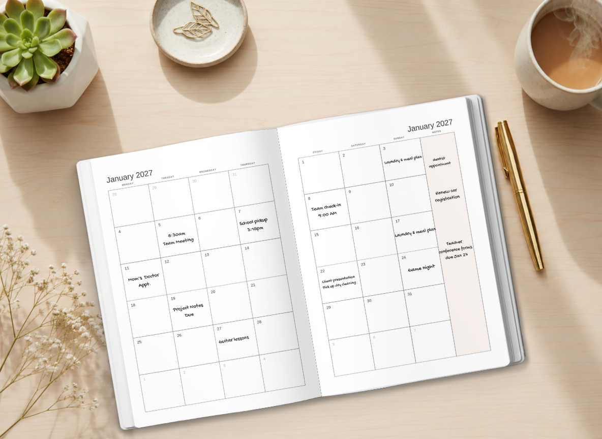 Open personalized planner on a desk with a succulent and coffee